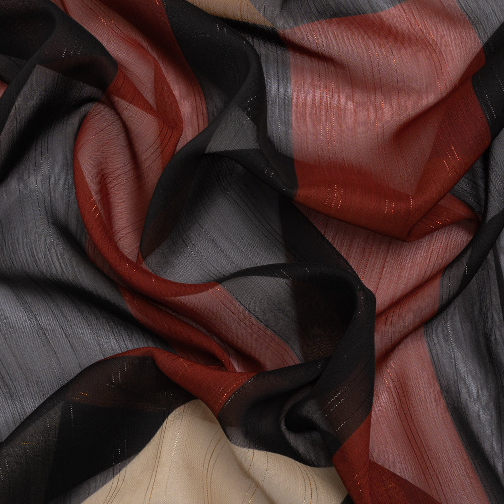Polyester Chiffon Print with Metallic Pinstripes - Black and Brown Blocky Stripes - Mood Exclusive Shadows and Rays Polyester Chiffon Print with Metallic Pinstripes - Black and Brown Blocky Stripes - Mood Exclusive Shadows and Rays