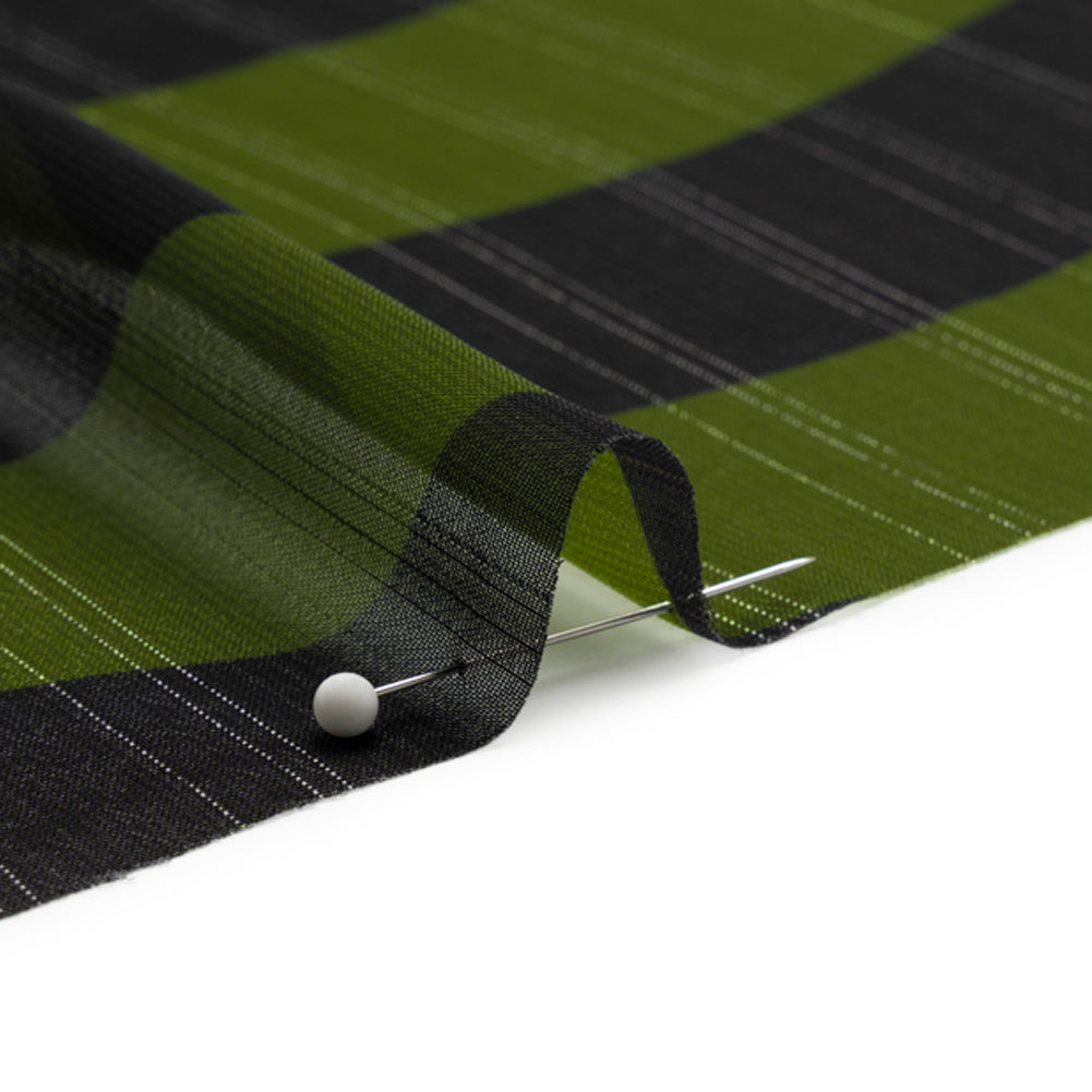Polyester Chiffon Print with Metallic Pinstripes - Green and Black Wavy Stripes - Mood Exclusive Delray Daze Detail Polyester Chiffon Print with Metallic Pinstripes - Green and Black Wavy Stripes - Mood Exclusive Delray Daze Detail