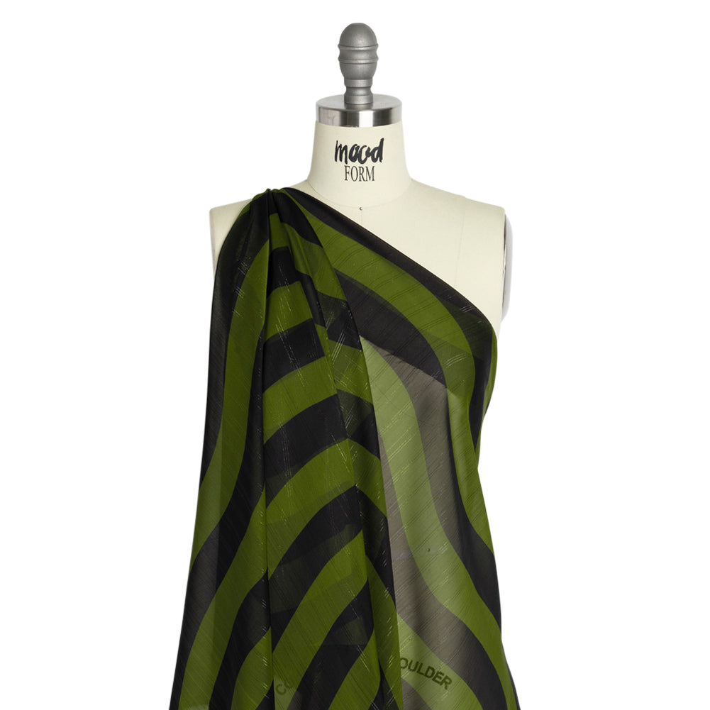 Polyester Chiffon Print with Metallic Pinstripes - Green and Black Wavy Stripes - Mood Exclusive Delray Daze Drape Polyester Chiffon Print with Metallic Pinstripes - Green and Black Wavy Stripes - Mood Exclusive Delray Daze Drape