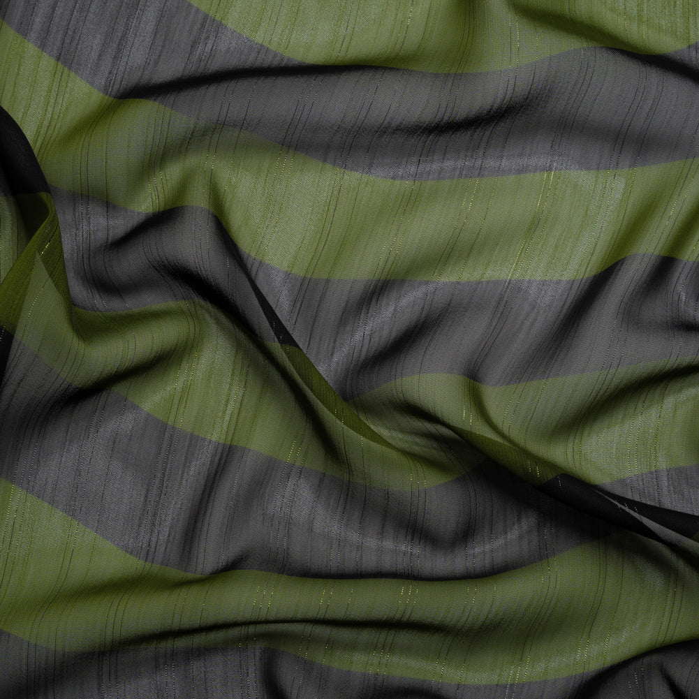 Polyester Chiffon Print with Metallic Pinstripes - Green and Black Wavy Stripes - Mood Exclusive Delray Daze Polyester Chiffon Print with Metallic Pinstripes - Green and Black Wavy Stripes - Mood Exclusive Delray Daze