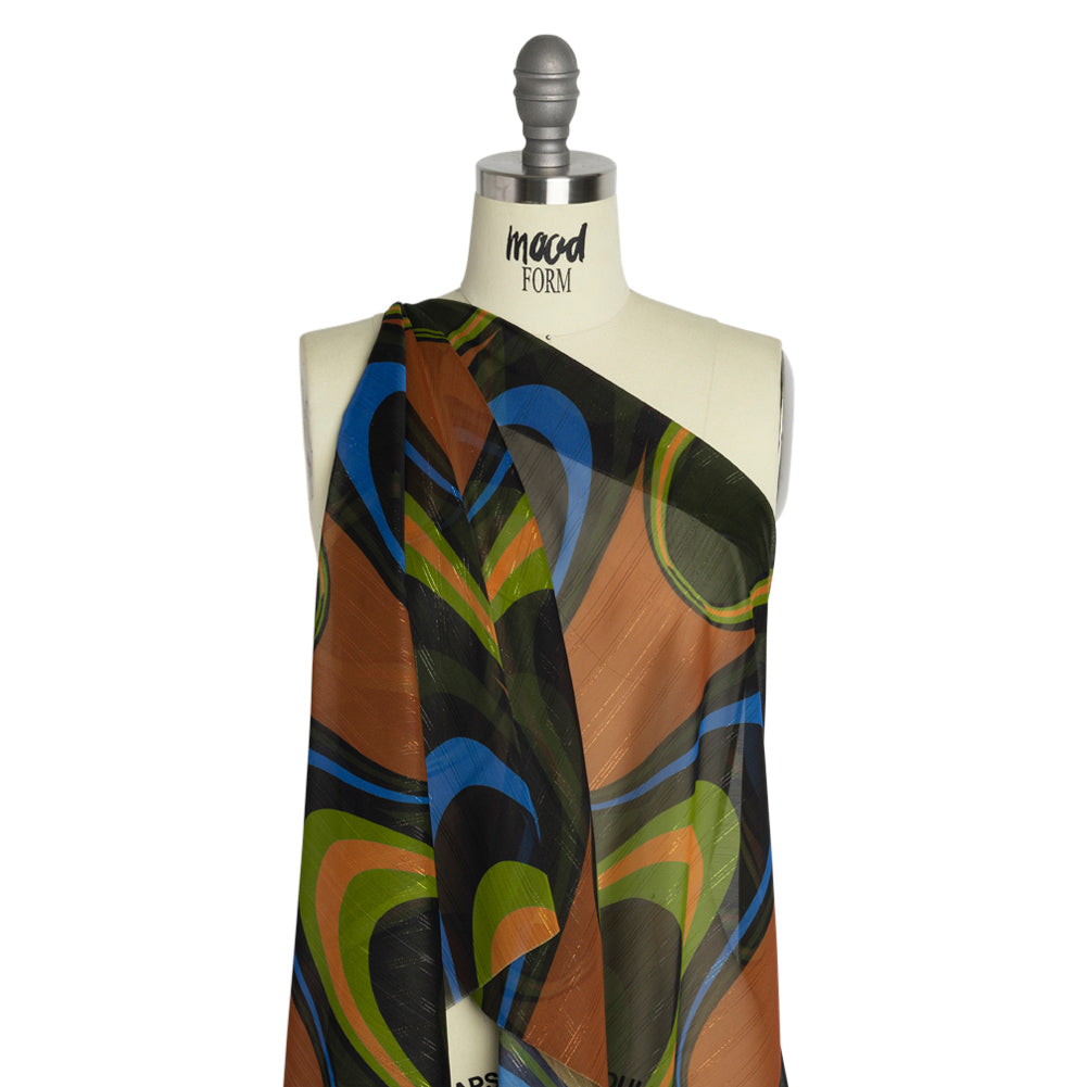 Polyester Chiffon Print with Metallic Pinstripes - Brown, Green and Black Waves - Mood Exclusive Ebb and Flow Drape Polyester Chiffon Print with Metallic Pinstripes - Brown, Green and Black Waves - Mood Exclusive Ebb and Flow Drape