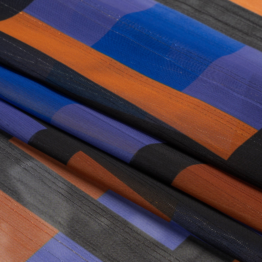 Polyester Chiffon Print with Metallic Pinstripes - Purple, Brown and Black Geometric - Mood Exclusive Through the Window Folded Polyester Chiffon Print with Metallic Pinstripes - Purple, Brown and Black Geometric - Mood Exclusive Through the Window Folded