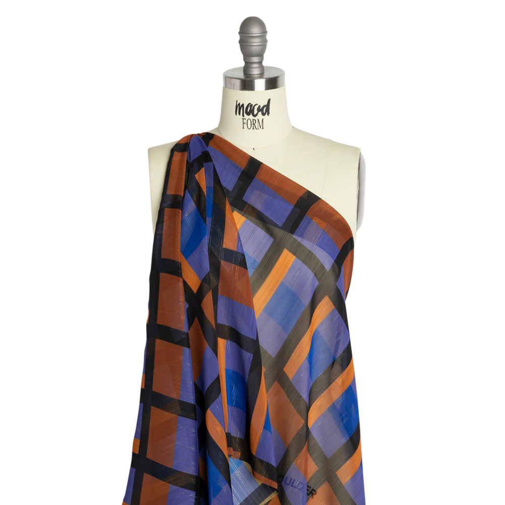 Polyester Chiffon Print with Metallic Pinstripes - Purple, Brown and Black Geometric - Mood Exclusive Through the Window Drape Polyester Chiffon Print with Metallic Pinstripes - Purple, Brown and Black Geometric - Mood Exclusive Through the Window Drape