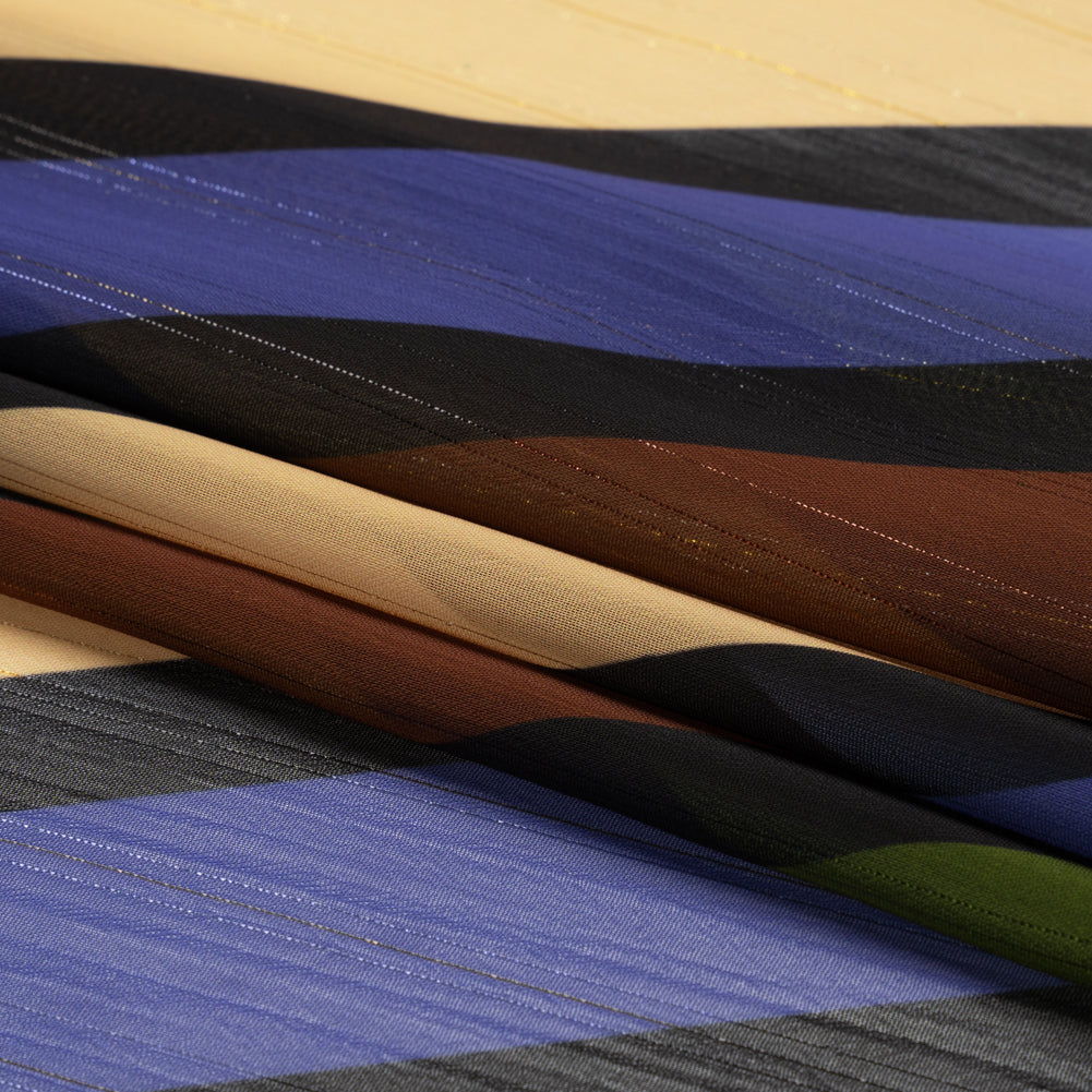 Polyester Chiffon Print with Metallic Pinstripes - Brown, Green and Purple Diagonal Stripes - Mood Exclusive Seemingly Slanted Folded Polyester Chiffon Print with Metallic Pinstripes - Brown, Green and Purple Diagonal Stripes - Mood Exclusive Seemingly Slanted Folded