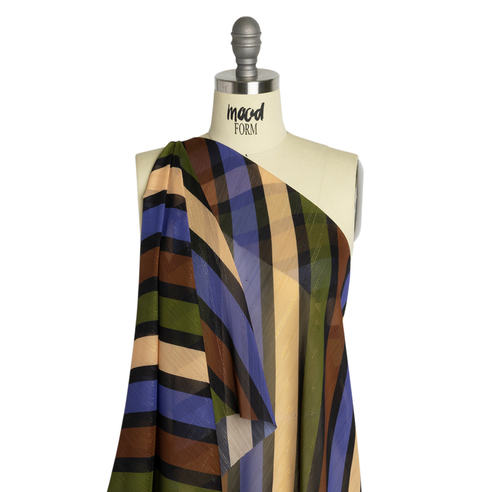 Polyester Chiffon Print with Metallic Pinstripes - Brown, Green and Purple Diagonal Stripes - Mood Exclusive Seemingly Slanted Drape Polyester Chiffon Print with Metallic Pinstripes - Brown, Green and Purple Diagonal Stripes - Mood Exclusive Seemingly Slanted Drape