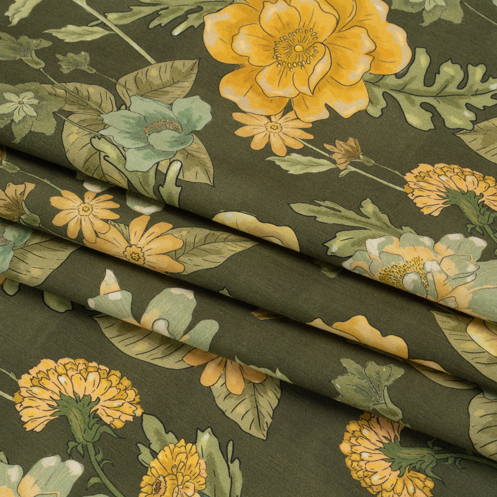 Cotton Poplin Print - Olive Green and Yellow Floral - Mood Exclusive Glorious Gardens Folded Cotton Poplin Print - Olive Green and Yellow Floral - Mood Exclusive Glorious Gardens Folded