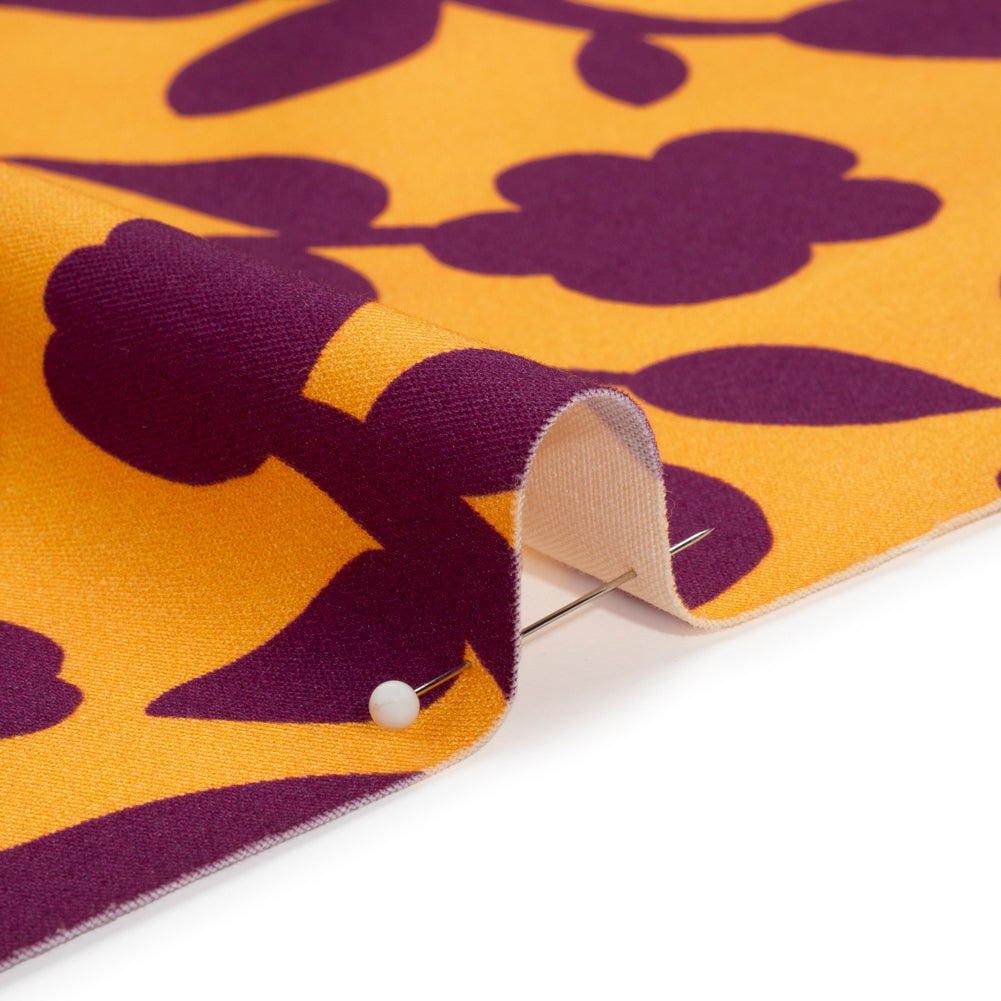 Stretch Cotton Twill Print - Mango Orange and Plum Purple Floral - Mood Exclusive Color-Block Creative Detail Stretch Cotton Twill Print - Mango Orange and Plum Purple Floral - Mood Exclusive Color-Block Creative Detail