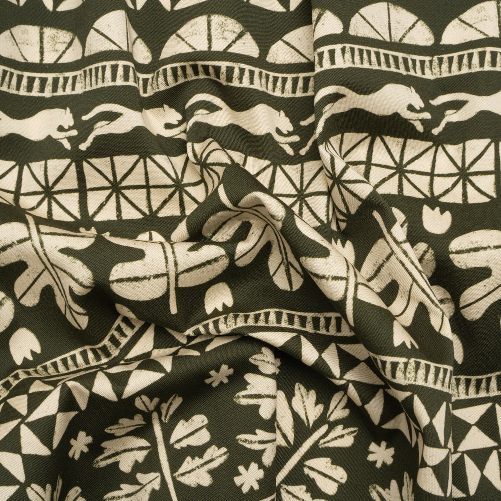 Stretch Cotton Twill Print - Dark Olive Animal, Leaf, and Geometric Stripes - Mood Exclusive Puma Pounce Stretch Cotton Twill Print - Dark Olive Animal, Leaf, and Geometric Stripes - Mood Exclusive Puma Pounce
