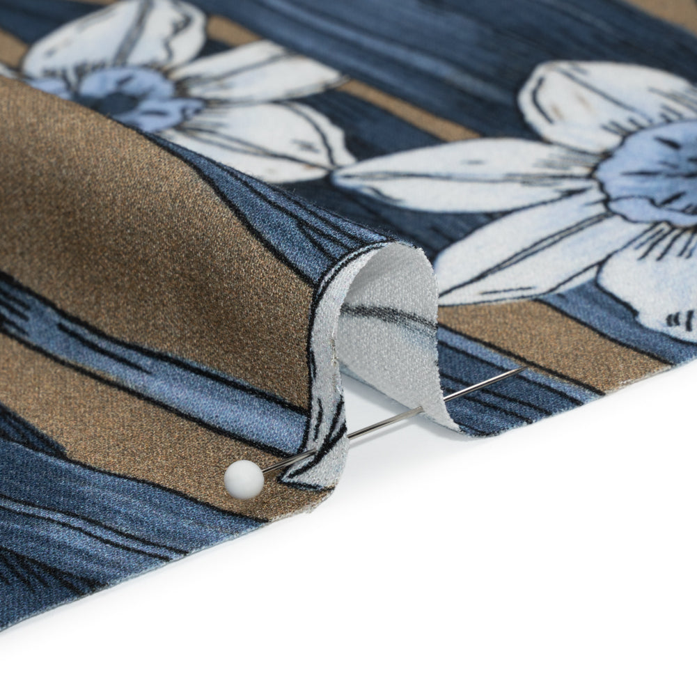 Viscose Crepe Print - Blue and Tan Floral - Mood Exclusive Drenched Daffodils Folded Viscose Crepe Print - Blue and Tan Floral - Mood Exclusive Drenched Daffodils Folded