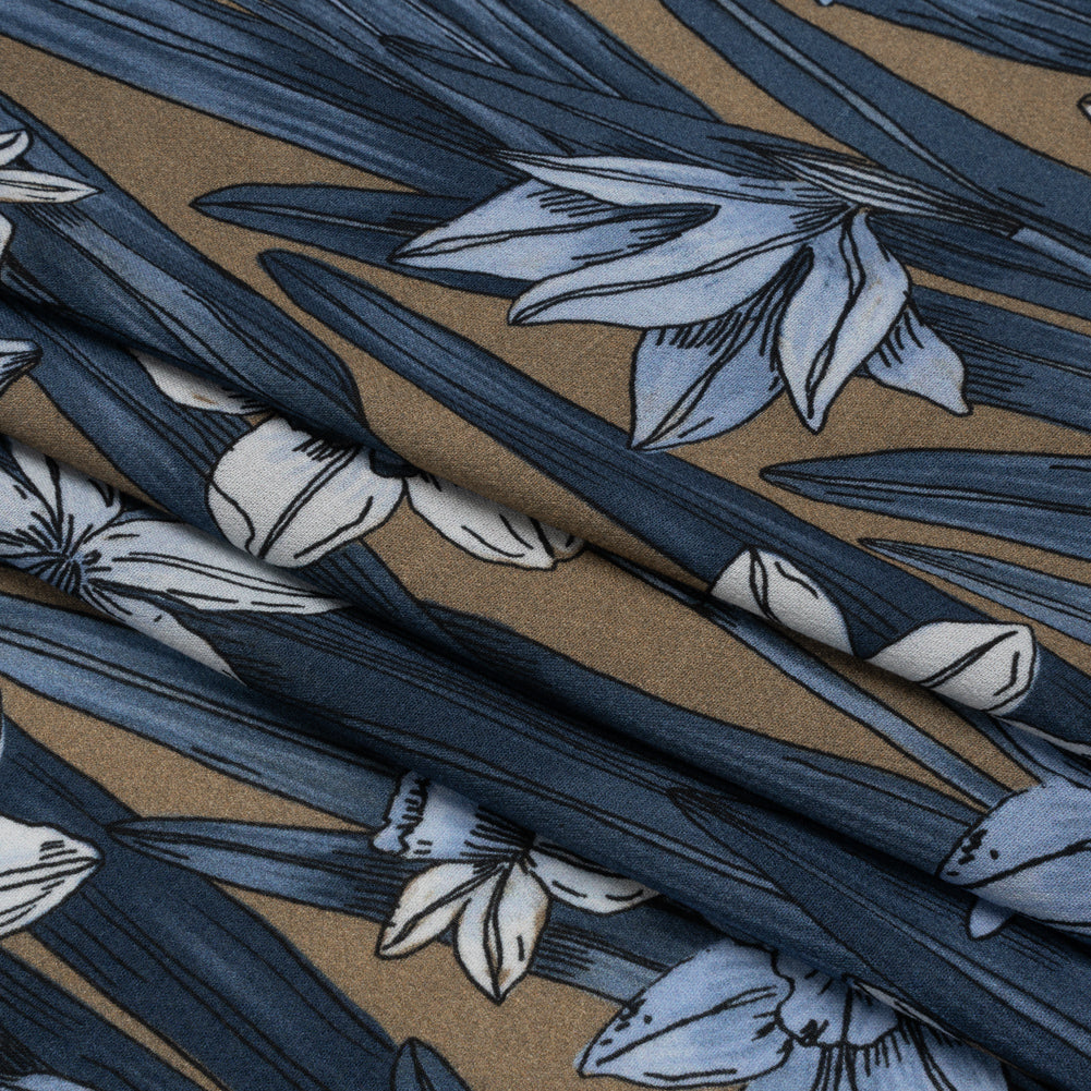 Viscose Crepe Print - Blue and Tan Floral - Mood Exclusive Drenched Daffodils Full Viscose Crepe Print - Blue and Tan Floral - Mood Exclusive Drenched Daffodils Full