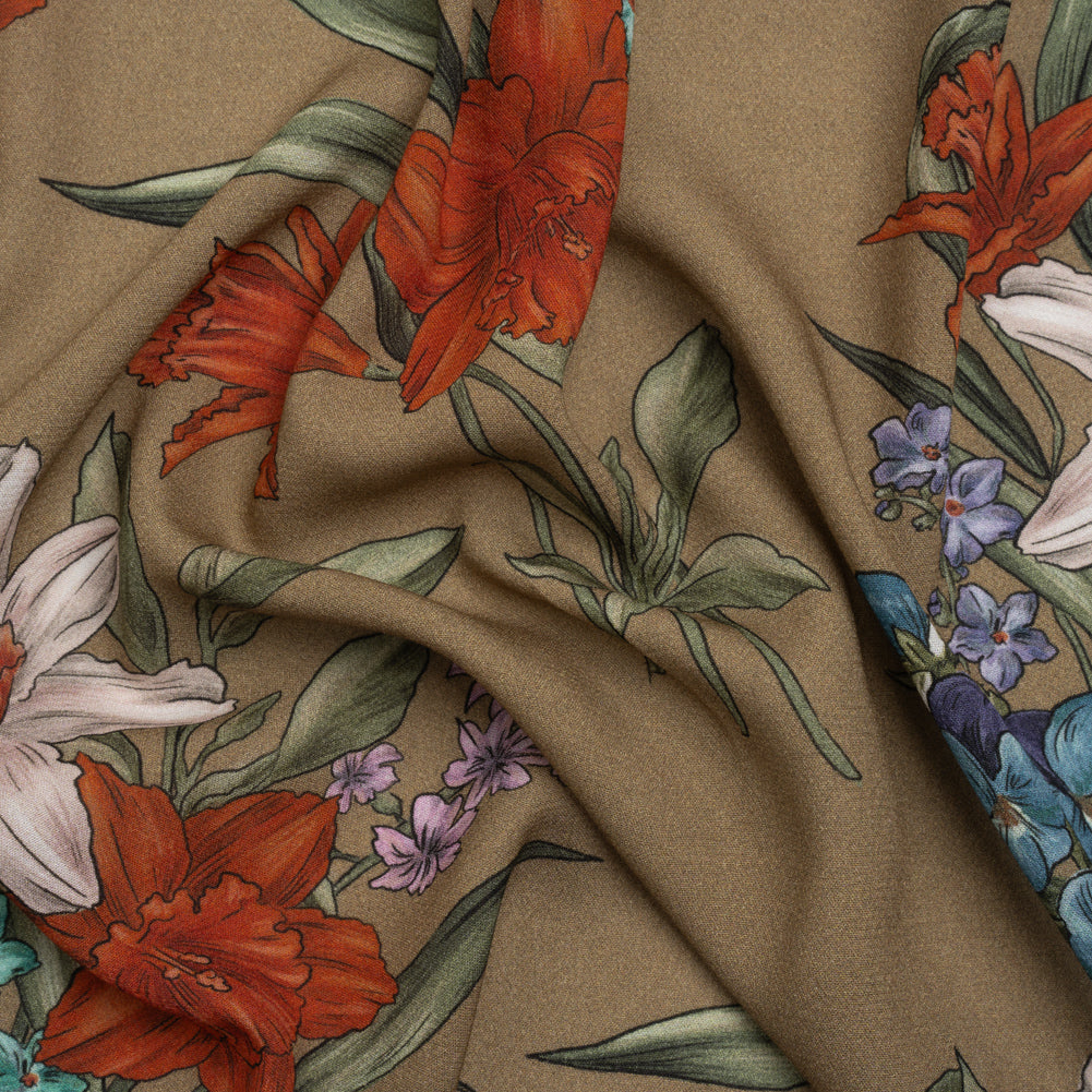 Viscose Crepe Print - Taupe, Red and Blue Floral - Mood Exclusive By the Plenty Viscose Crepe Print - Taupe, Red and Blue Floral - Mood Exclusive By the Plenty