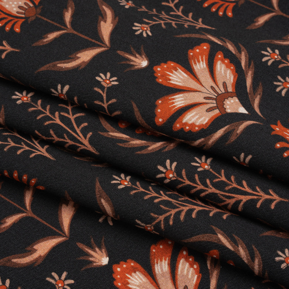 Stretch Cotton Twill - Black and Orange Floral - Watching the Fire Print - Mood Exclusive Rockland Collection Folded Stretch Cotton Twill - Black and Orange Floral - Watching the Fire Print - Mood Exclusive Rockland Collection Folded
