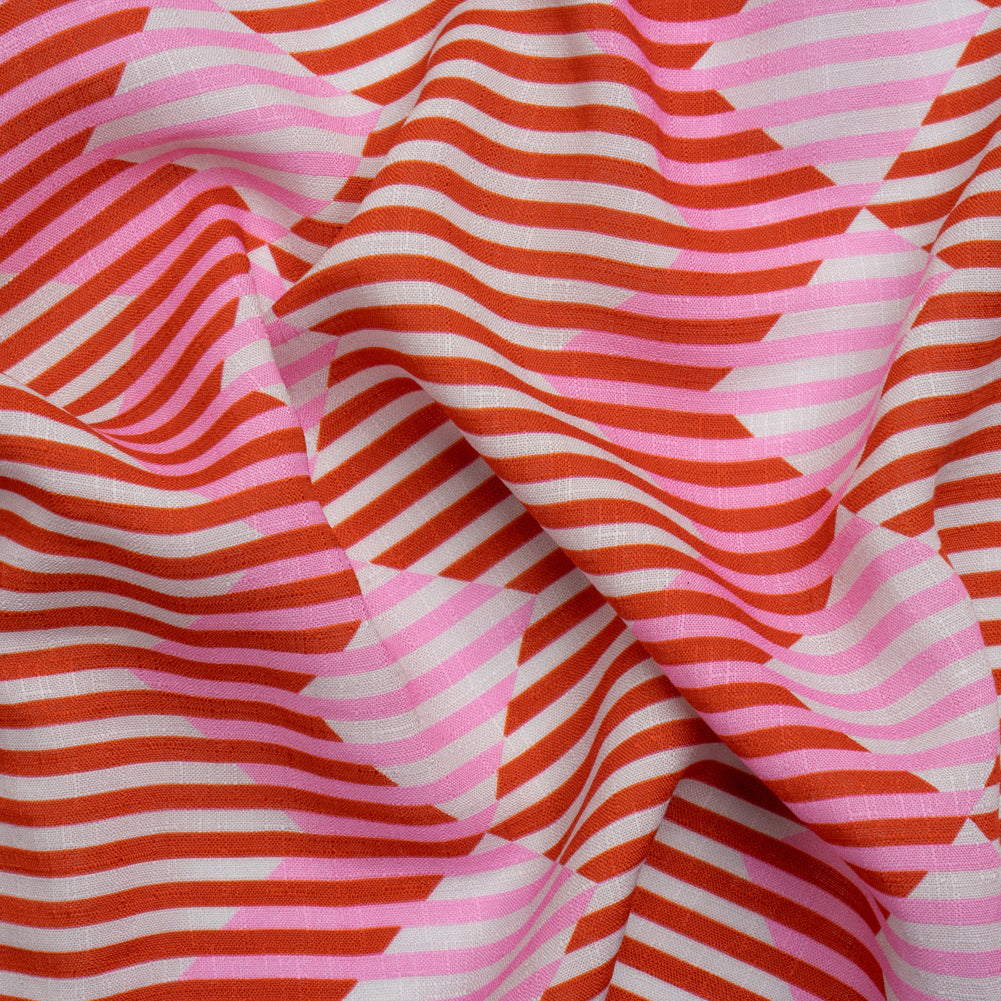 Slubbed Viscose Woven Print - Red and Pink Geometric Stripes - Mood Exclusive Eye Play Slubbed Viscose Woven Print - Red and Pink Geometric Stripes - Mood Exclusive Eye Play
