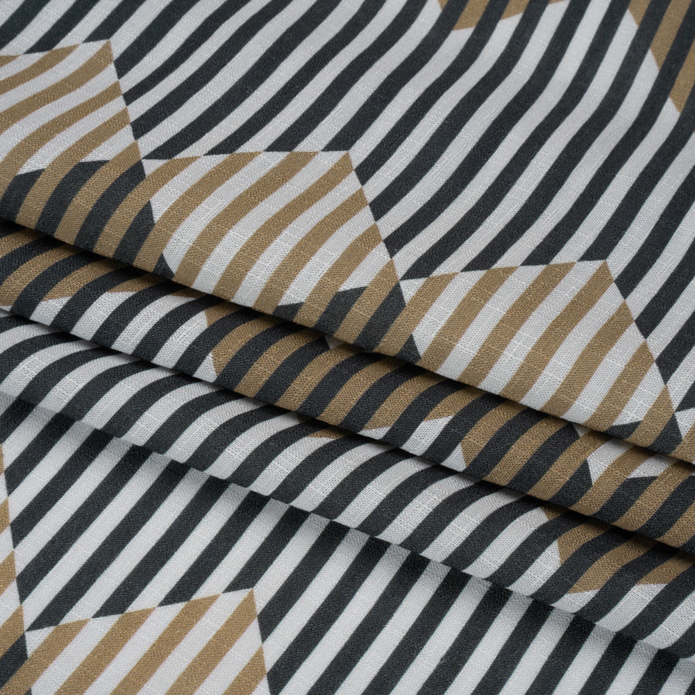 Slubbed Viscose Woven Print - Black and Brown Geometric Stripes - Mood Exclusive Eye Play Folded Slubbed Viscose Woven Print - Black and Brown Geometric Stripes - Mood Exclusive Eye Play Folded