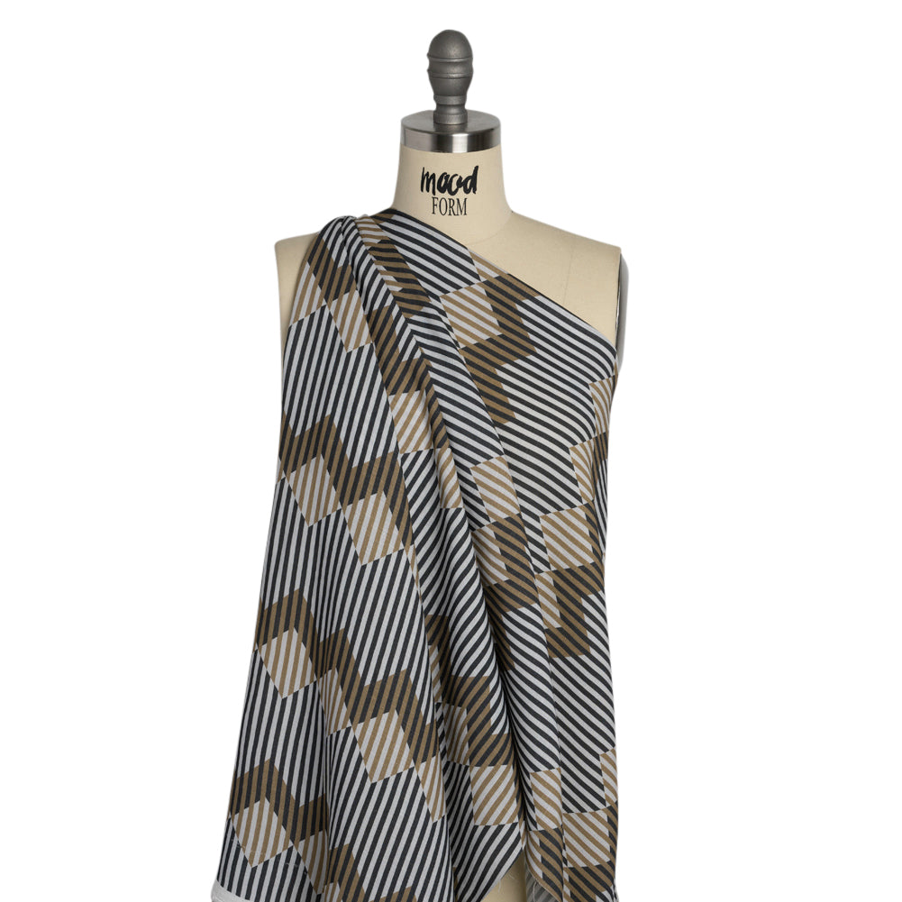 Slubbed Viscose Woven Print - Black and Brown Geometric Stripes - Mood Exclusive Eye Play Drape Slubbed Viscose Woven Print - Black and Brown Geometric Stripes - Mood Exclusive Eye Play Drape