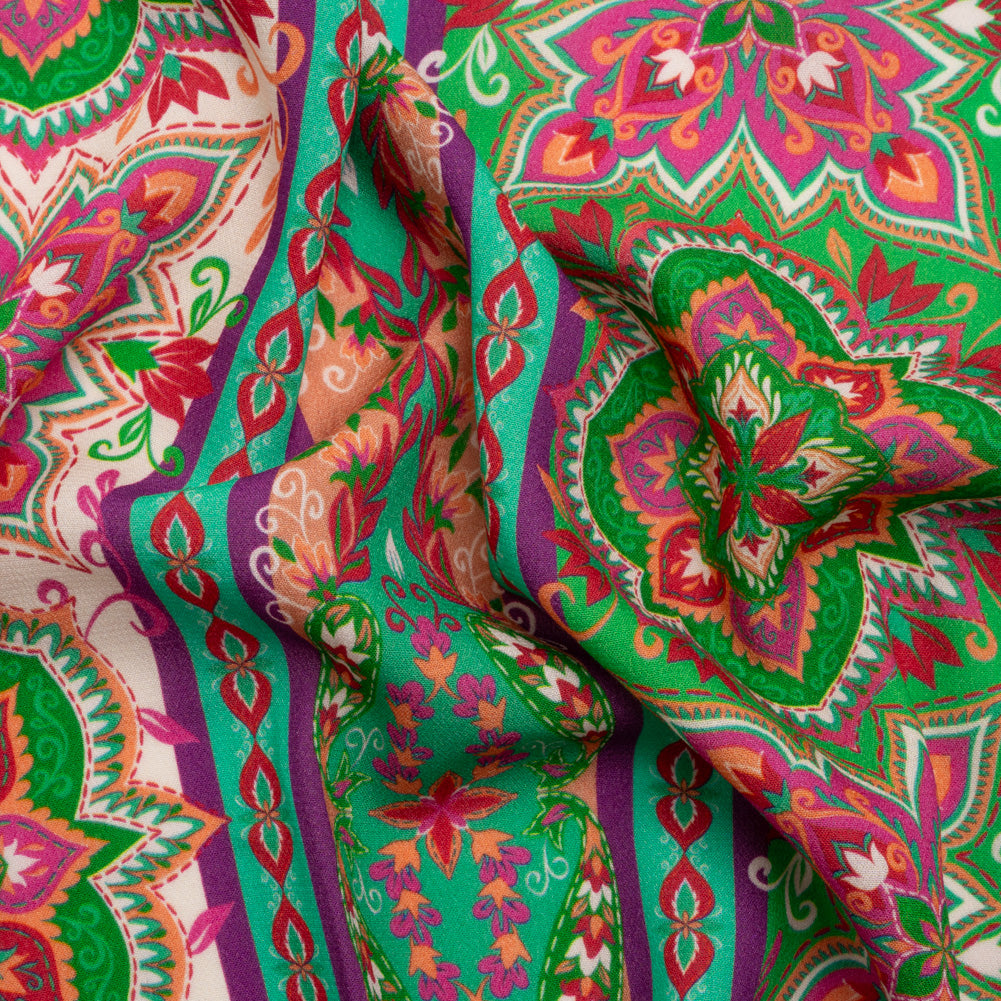 Viscose Crepe Print - Green and Pink Floral Medallion Stripes - Mood Exclusive Happy Hayday Viscose Crepe Print - Green and Pink Floral Medallion Stripes - Mood Exclusive Happy Hayday