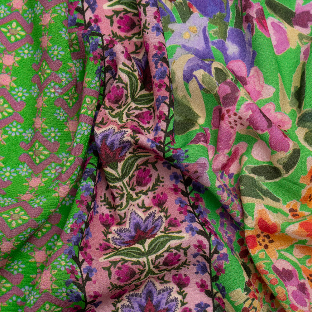 Viscose Crepe Print - Green, Turquoise and Purple Floral and Paisley Stripes - Mood Exclusive April in Patterns Viscose Crepe Print - Green, Turquoise and Purple Floral and Paisley Stripes - Mood Exclusive April in Patterns