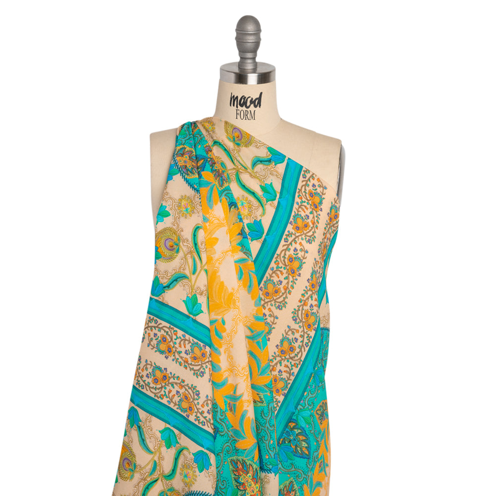 Viscose Crepe Panel - Teal and Golden Orange Fancy Leaves - Mood Exclusive Peacock Gardens Detail Viscose Crepe Panel - Teal and Golden Orange Fancy Leaves - Mood Exclusive Peacock Gardens Detail