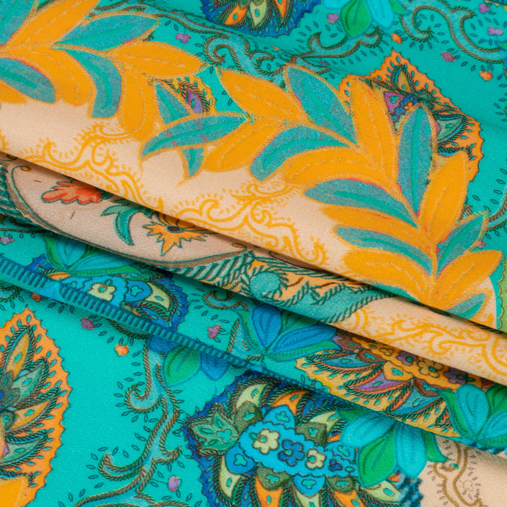 Viscose Crepe Panel - Teal and Golden Orange Fancy Leaves - Mood Exclusive Peacock Gardens Full Viscose Crepe Panel - Teal and Golden Orange Fancy Leaves - Mood Exclusive Peacock Gardens Full
