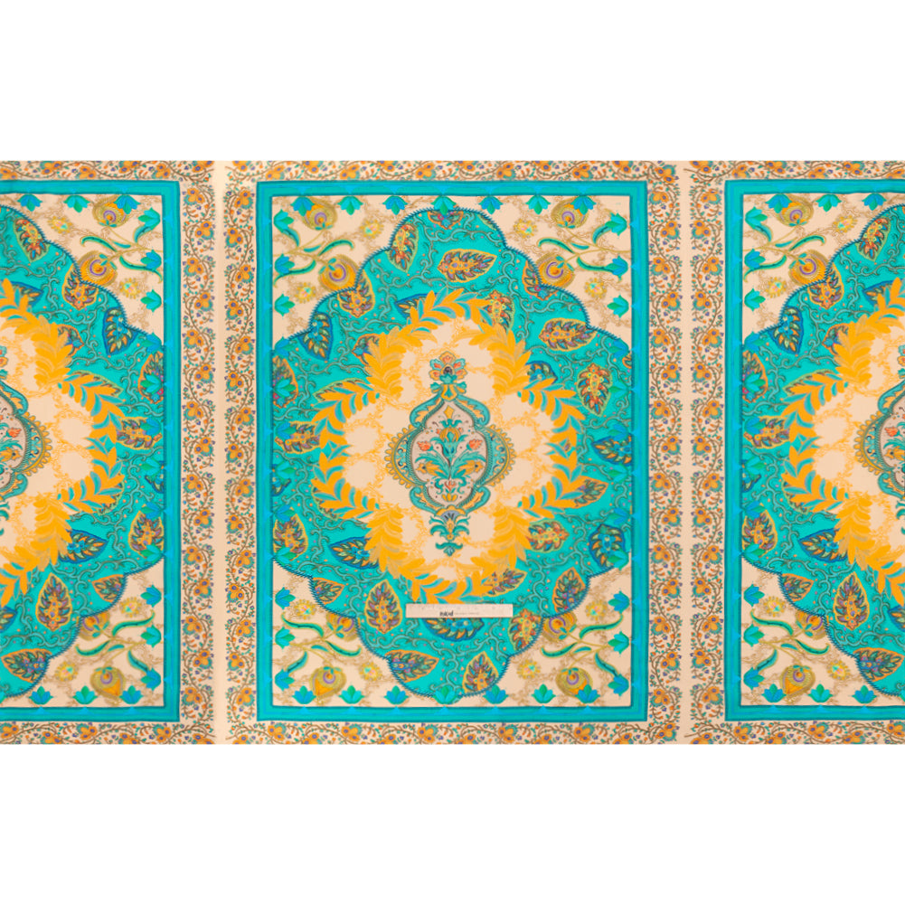 Viscose Crepe Panel - Teal and Golden Orange Fancy Leaves - Mood Exclusive Peacock Gardens Drape Viscose Crepe Panel - Teal and Golden Orange Fancy Leaves - Mood Exclusive Peacock Gardens Drape