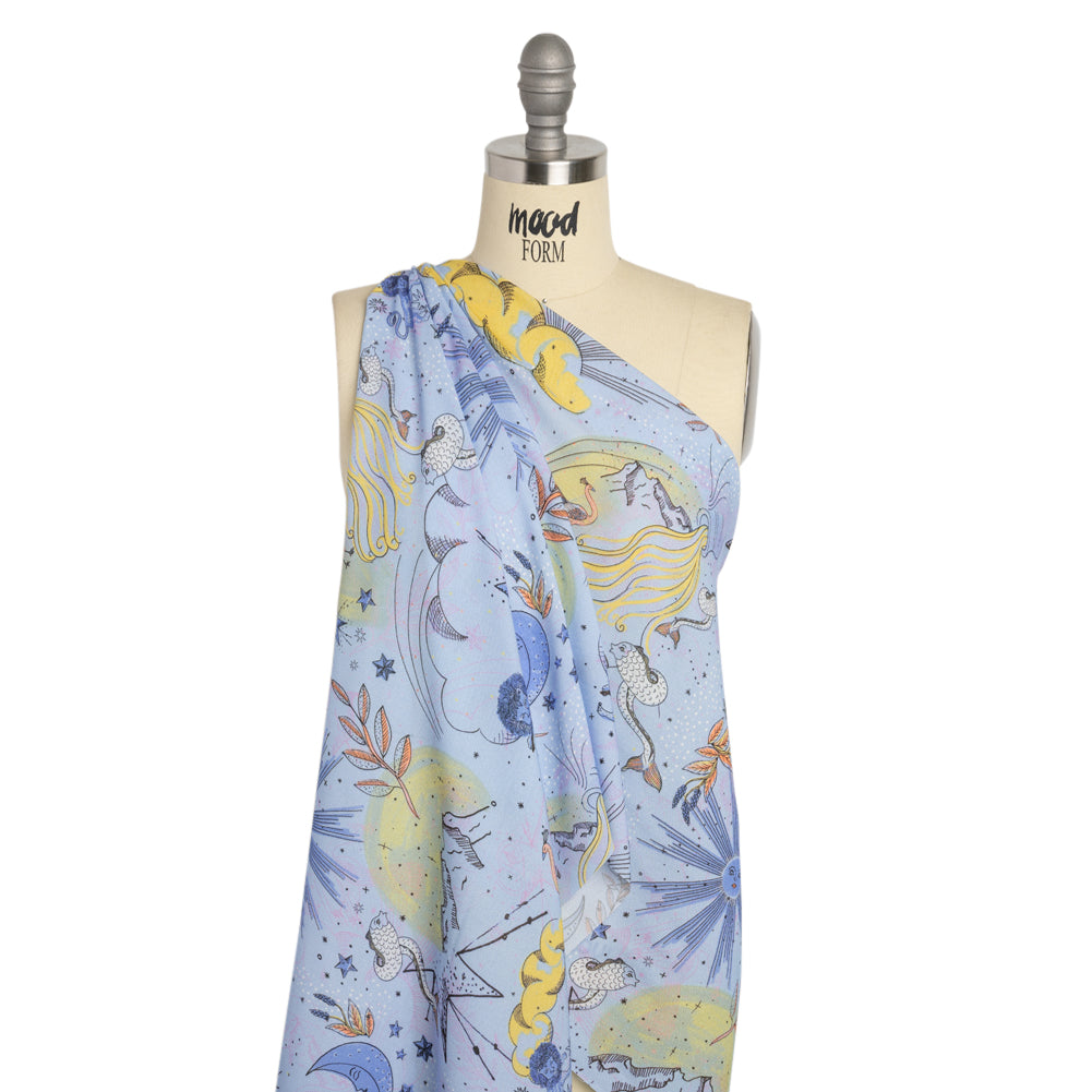 Viscose Crepe Print - Blue and Yellow Celestial Creatures - Mood Exclusive Mythical Me Detail Viscose Crepe Print - Blue and Yellow Celestial Creatures - Mood Exclusive Mythical Me Detail