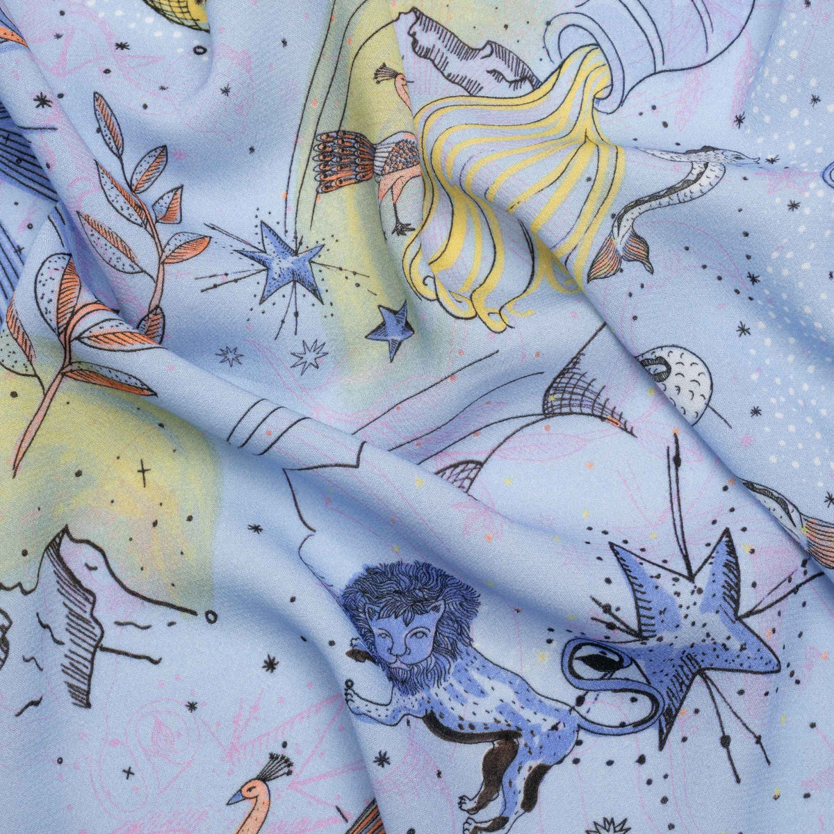 Viscose Crepe Print - Blue and Yellow Celestial Creatures - Mood Exclusive Mythical Me Viscose Crepe Print - Blue and Yellow Celestial Creatures - Mood Exclusive Mythical Me