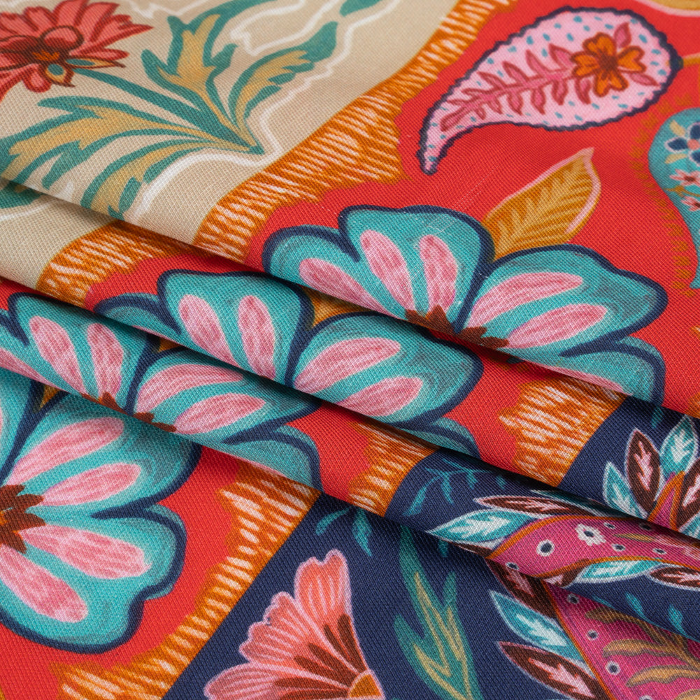 Viscose and Linen Twill Print - Blue and Orange Paisley and Floral Stripes - Mood Exclusive Botanical Bliss Full Viscose and Linen Twill Print - Blue and Orange Paisley and Floral Stripes - Mood Exclusive Botanical Bliss Full
