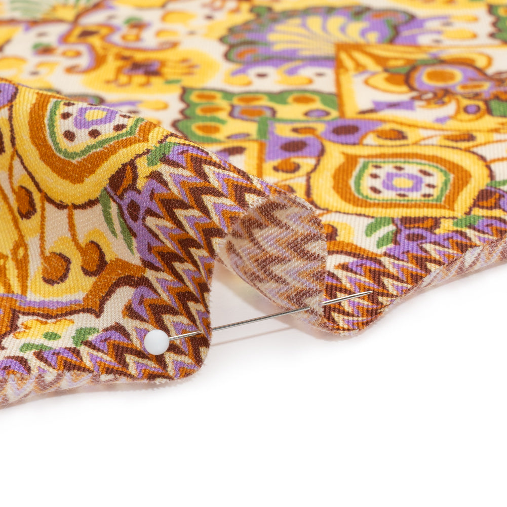 Viscose and Linen Twill Print - Yellow and Orange Stylized Flowers and Chevrons - Mood Exclusive Fashion Floral Folded Viscose and Linen Twill Print - Yellow and Orange Stylized Flowers and Chevrons - Mood Exclusive Fashion Floral Folded