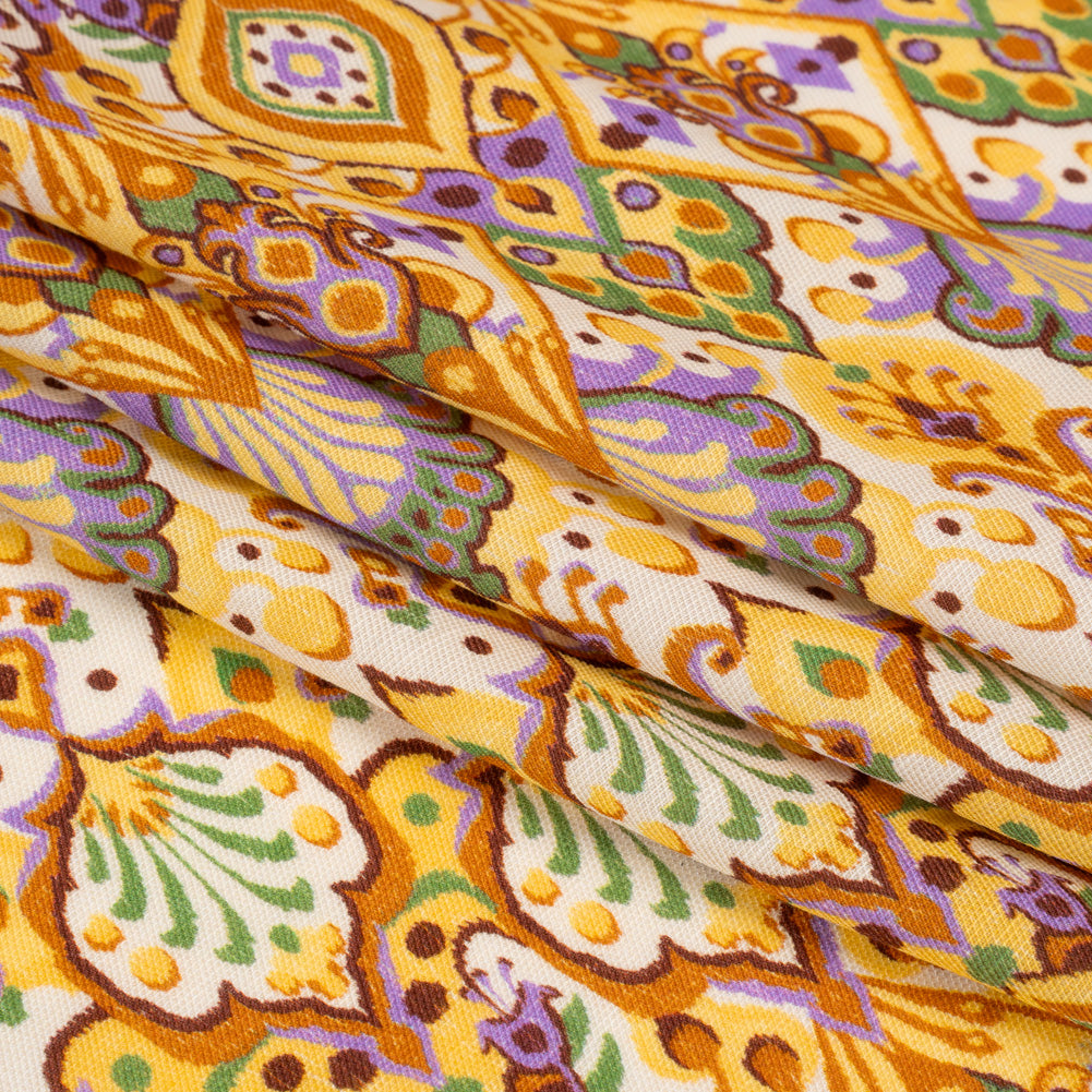 Viscose and Linen Twill Print - Yellow and Orange Stylized Flowers and Chevrons - Mood Exclusive Fashion Floral Full Viscose and Linen Twill Print - Yellow and Orange Stylized Flowers and Chevrons - Mood Exclusive Fashion Floral Full