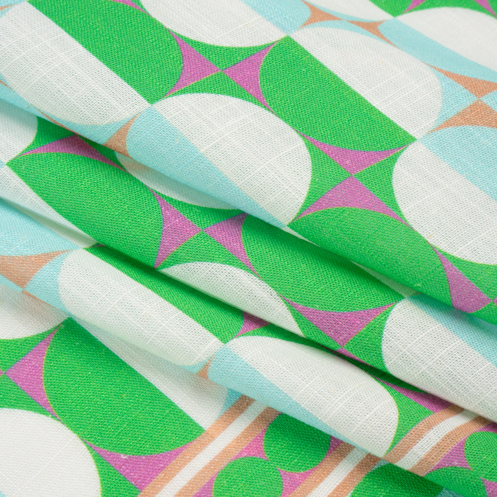Viscose and Linen Woven Panel Print - Green and Sky Blue Split Circles - Mood Exclusive Circle Back Folded Viscose and Linen Woven Panel Print - Green and Sky Blue Split Circles - Mood Exclusive Circle Back Folded
