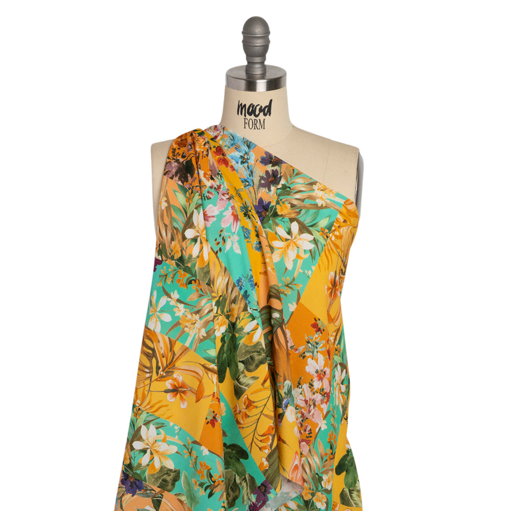 Sustainable Viscose Crepe Print - Aqua Blue and Yellow Floral Tile Stripes - Mood Exclusive El Paraiso Detail Sustainable Viscose Crepe Print - Aqua Blue and Yellow Floral Tile Stripes - Mood Exclusive El Paraiso Detail