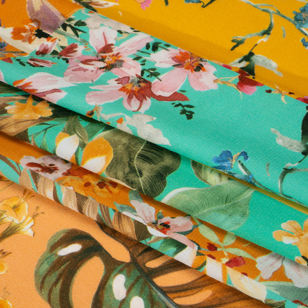 Sustainable Viscose Crepe Print - Aqua Blue and Yellow Floral Tile Stripes - Mood Exclusive El Paraiso Full Sustainable Viscose Crepe Print - Aqua Blue and Yellow Floral Tile Stripes - Mood Exclusive El Paraiso Full