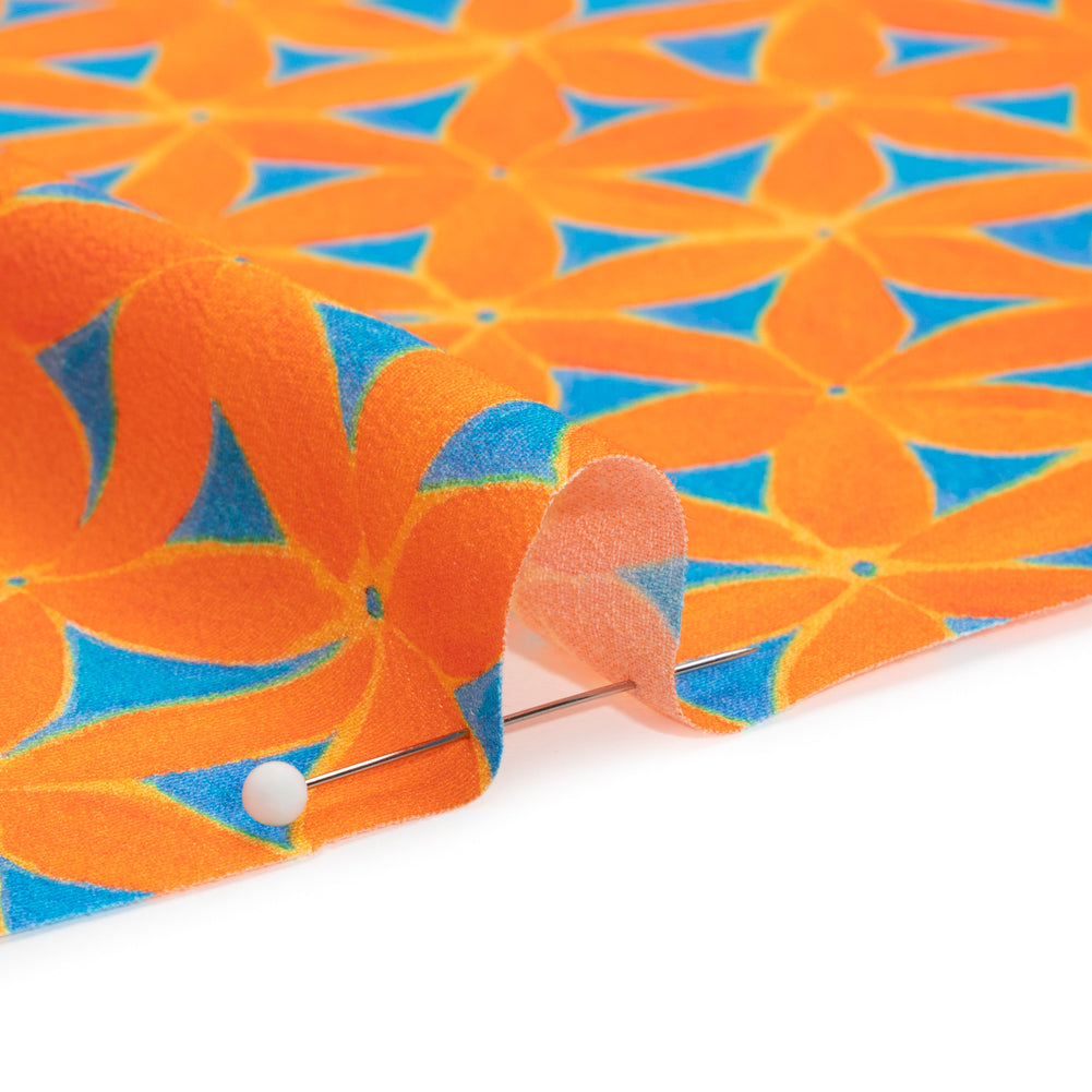 Sustainable Viscose Crepe Print - Orange and Teal Flower Lattice - Mood Exclusive Lovely Lillies Detail Sustainable Viscose Crepe Print - Orange and Teal Flower Lattice - Mood Exclusive Lovely Lillies Detail