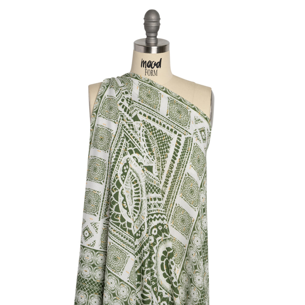 Mood Exclusive Grass Green Tapestry Tiles Metallic Dotted Crinkled Viscose Crepe Panel Detail Mood Exclusive Grass Green Tapestry Tiles Metallic Dotted Crinkled Viscose Crepe Panel Detail