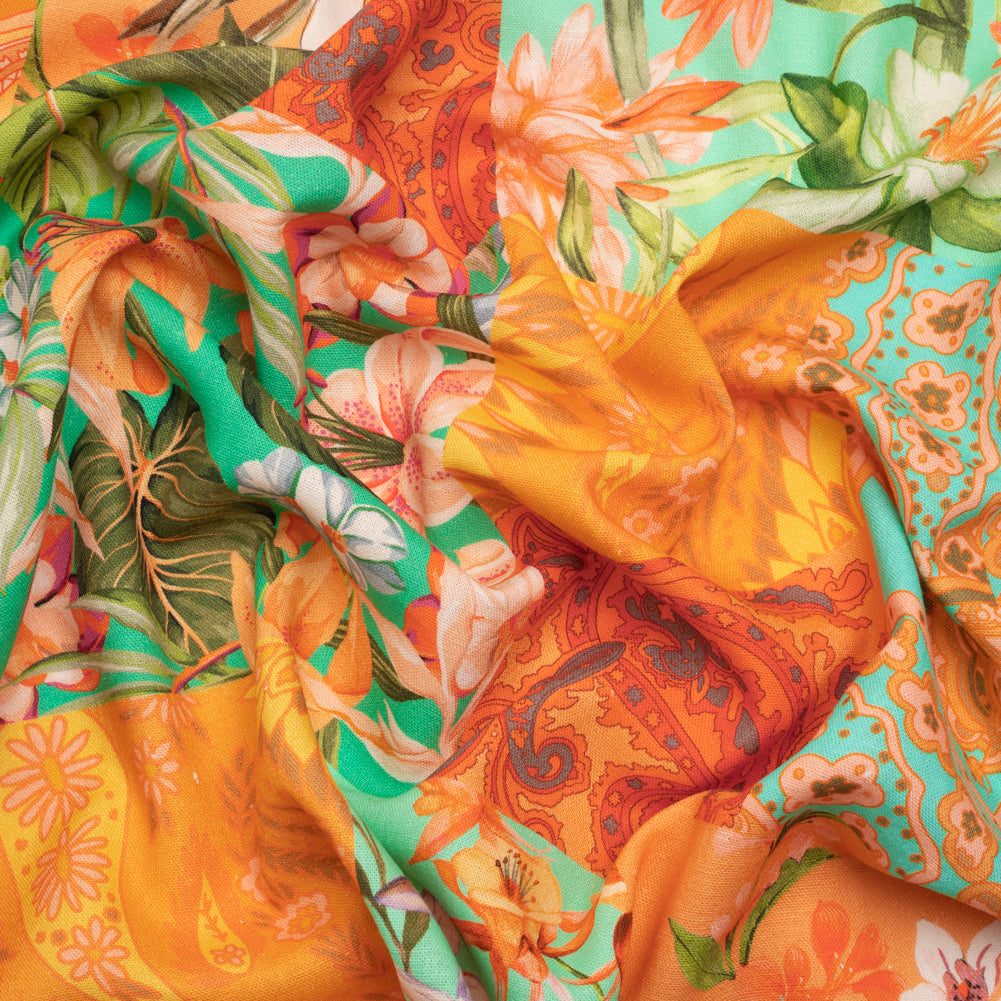 Linen and Rayon Woven Print - Turquoise and Orange Floral and Paisley Patchwork - Mood Exclusive Feel the Power Linen and Rayon Woven Print - Turquoise and Orange Floral and Paisley Patchwork - Mood Exclusive Feel the Power