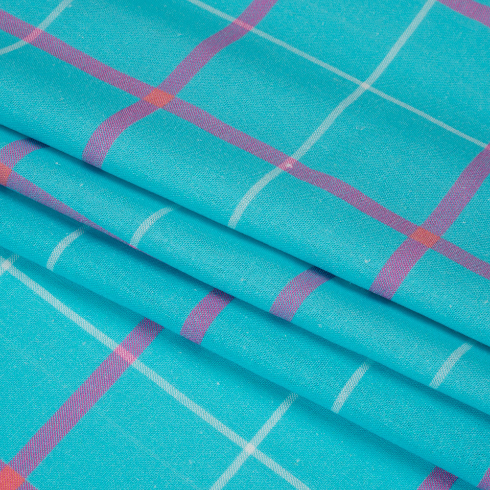 Linen and Rayon Woven Print - Turquoise and Purple Plaid - Mood Exclusive Guest List Folded Linen and Rayon Woven Print - Turquoise and Purple Plaid - Mood Exclusive Guest List Folded