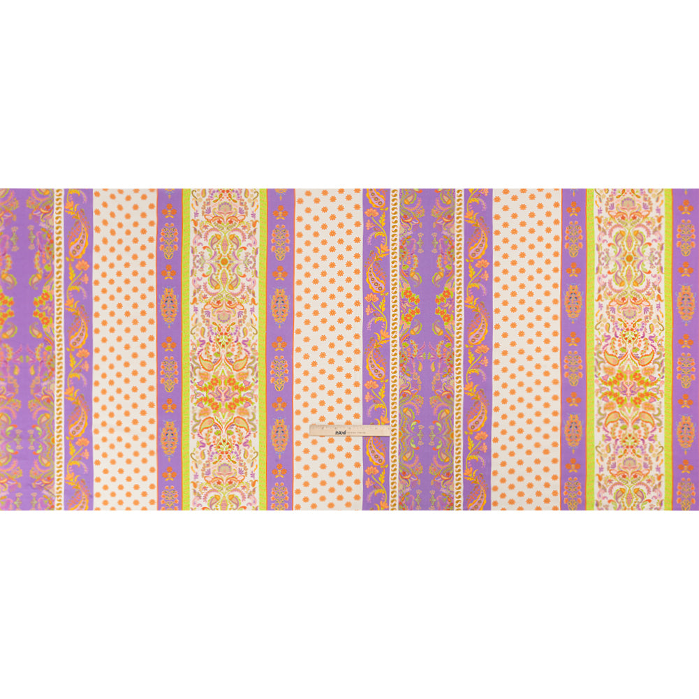 Viscose Crepe Print - Cream, Purple and Lime Green Floral Stripes - Mood Exclusive Spring Fling Drape Viscose Crepe Print - Cream, Purple and Lime Green Floral Stripes - Mood Exclusive Spring Fling Drape