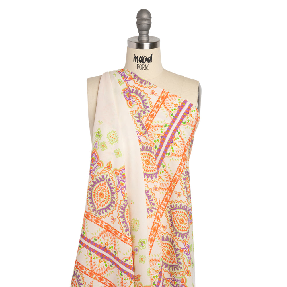 Viscose Crepe Panel - White, Orange and Purple Paisley Squares - Mood Exclusive Heavenly Day Detail Viscose Crepe Panel - White, Orange and Purple Paisley Squares - Mood Exclusive Heavenly Day Detail