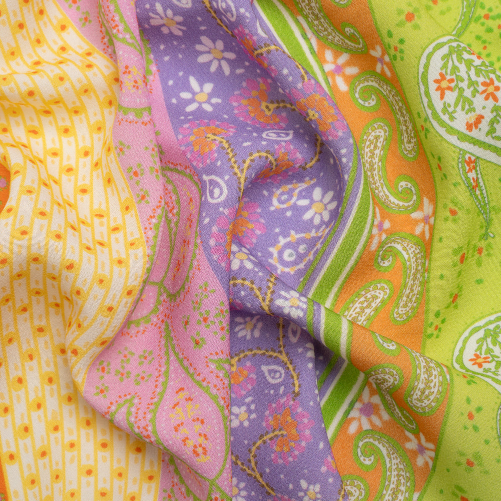 Viscose Crepe Print - Purple, Lime Green and Orange Floral and Paisley Stripes - Mood Exclusive Lessons in Lilac Viscose Crepe Print - Purple, Lime Green and Orange Floral and Paisley Stripes - Mood Exclusive Lessons in Lilac