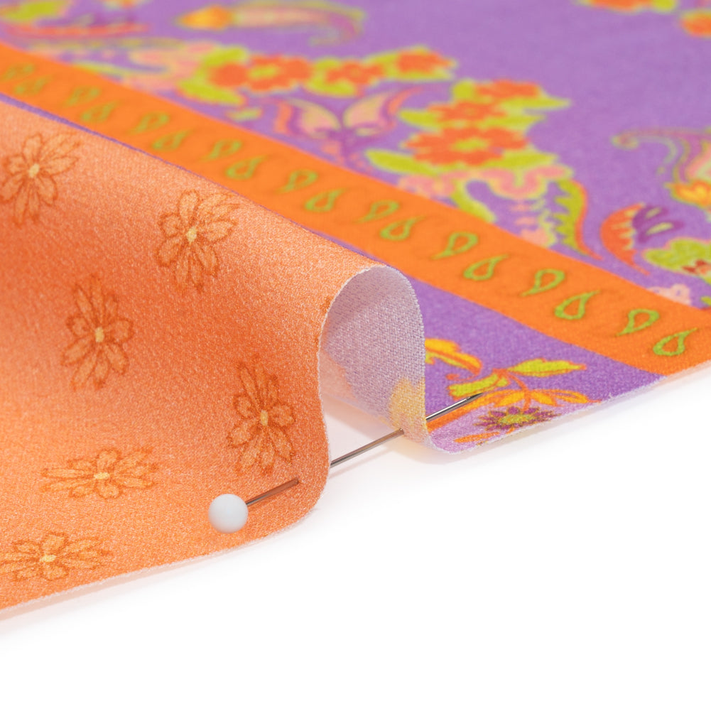 Viscose Crepe Print - Orange, Purple and Lime Green Floral Stripes - Mood Exclusive Spring Fling Folded Viscose Crepe Print - Orange, Purple and Lime Green Floral Stripes - Mood Exclusive Spring Fling Folded