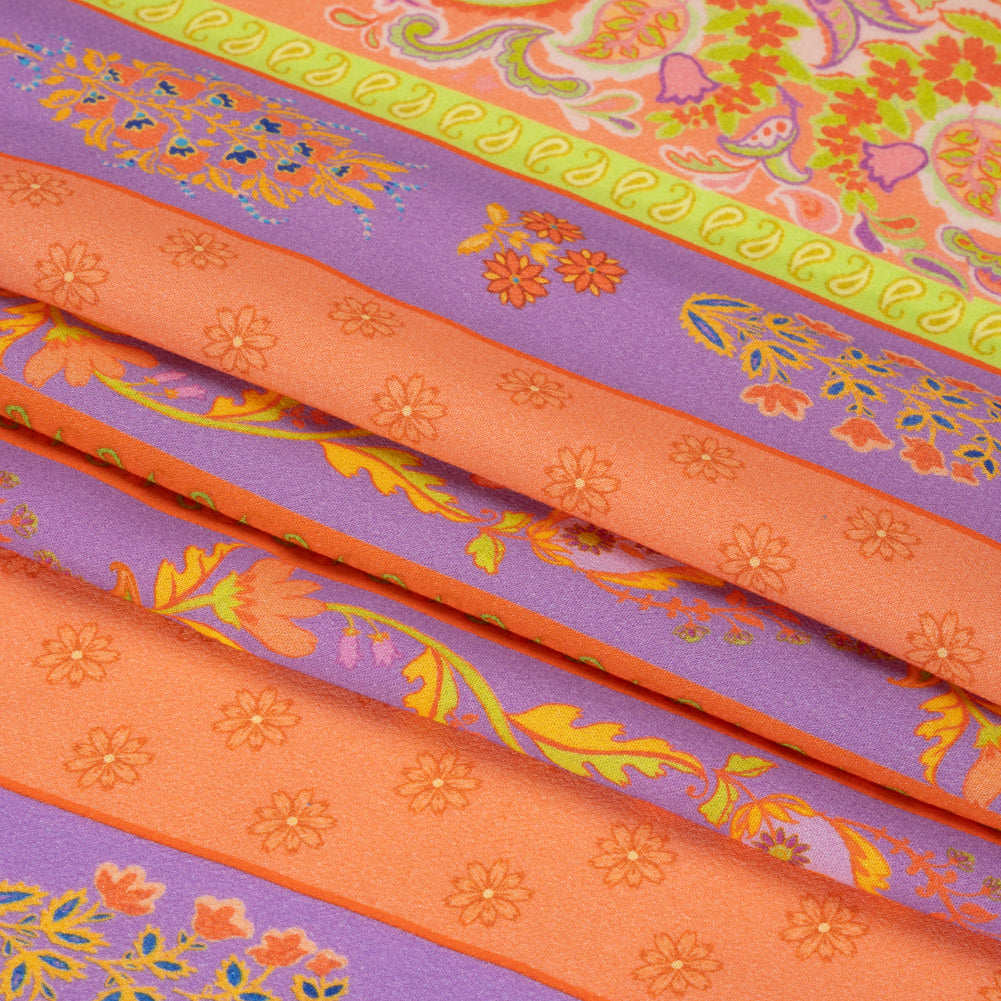 Viscose Crepe Print - Orange, Purple and Lime Green Floral Stripes - Mood Exclusive Spring Fling Full Viscose Crepe Print - Orange, Purple and Lime Green Floral Stripes - Mood Exclusive Spring Fling Full