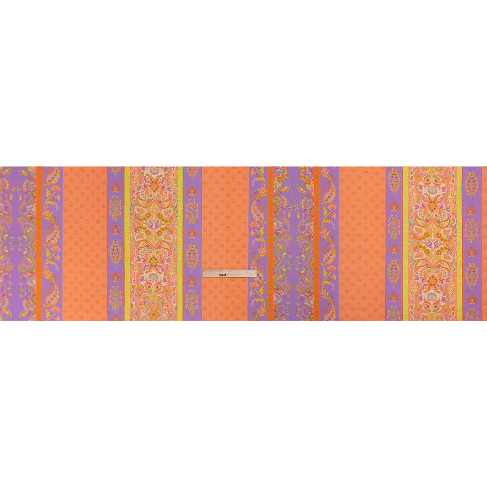 Viscose Crepe Print - Orange, Purple and Lime Green Floral Stripes - Mood Exclusive Spring Fling Drape Viscose Crepe Print - Orange, Purple and Lime Green Floral Stripes - Mood Exclusive Spring Fling Drape