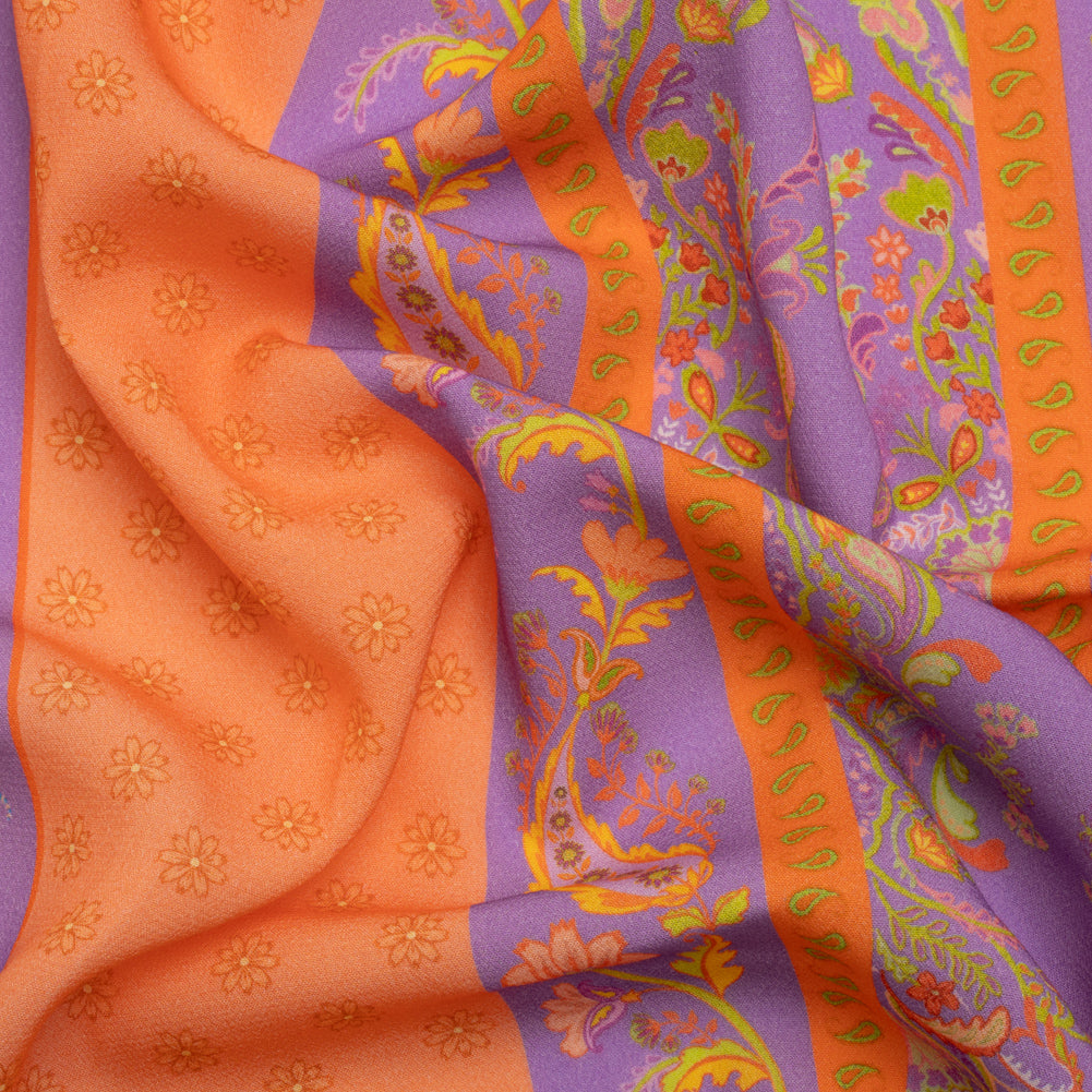 Viscose Crepe Print - Orange, Purple and Lime Green Floral Stripes - Mood Exclusive Spring Fling Viscose Crepe Print - Orange, Purple and Lime Green Floral Stripes - Mood Exclusive Spring Fling