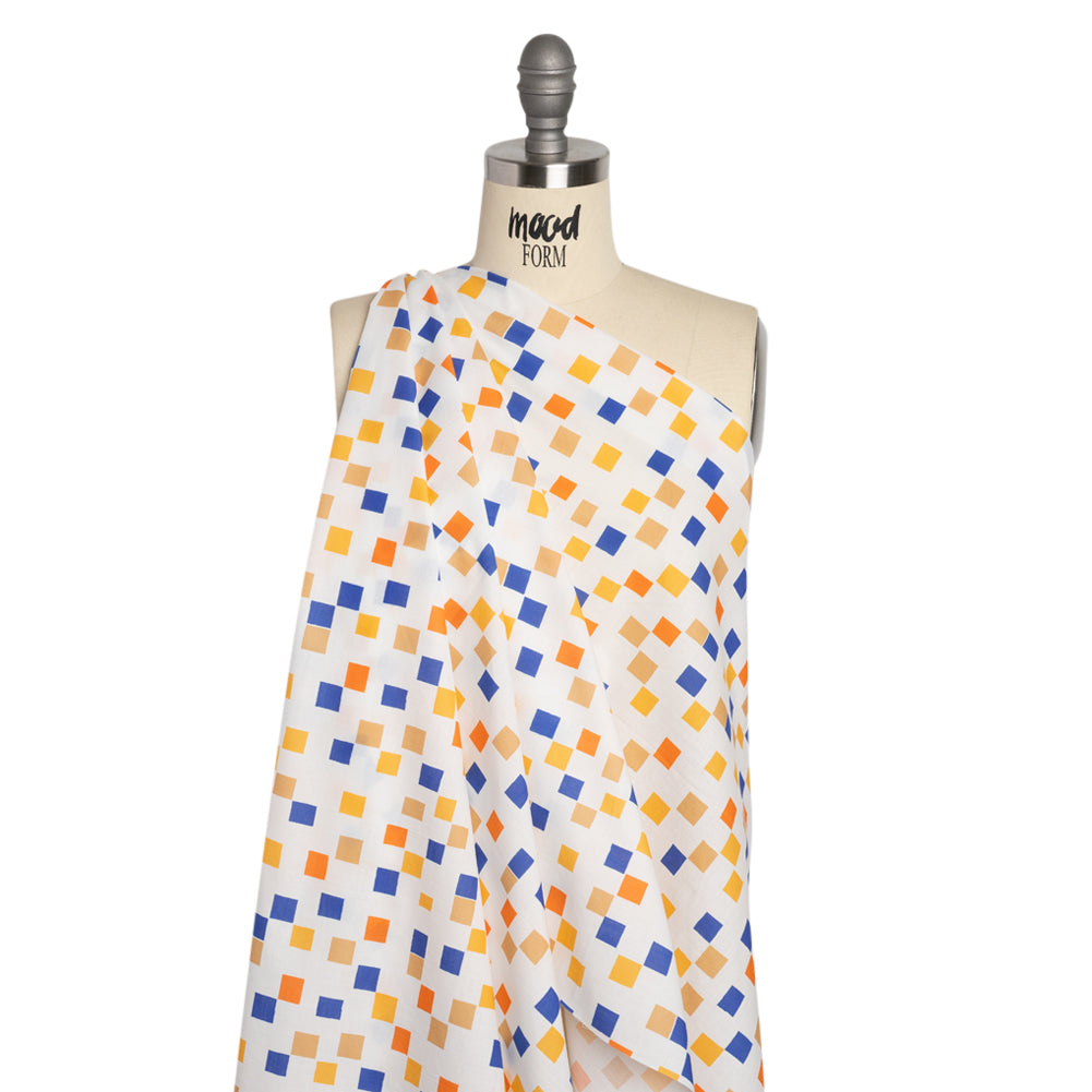 Cotton Voile Print - Blue and Orange Sqare Confetti - Mood Exclusive Cubic Field Drape Cotton Voile Print - Blue and Orange Sqare Confetti - Mood Exclusive Cubic Field Drape