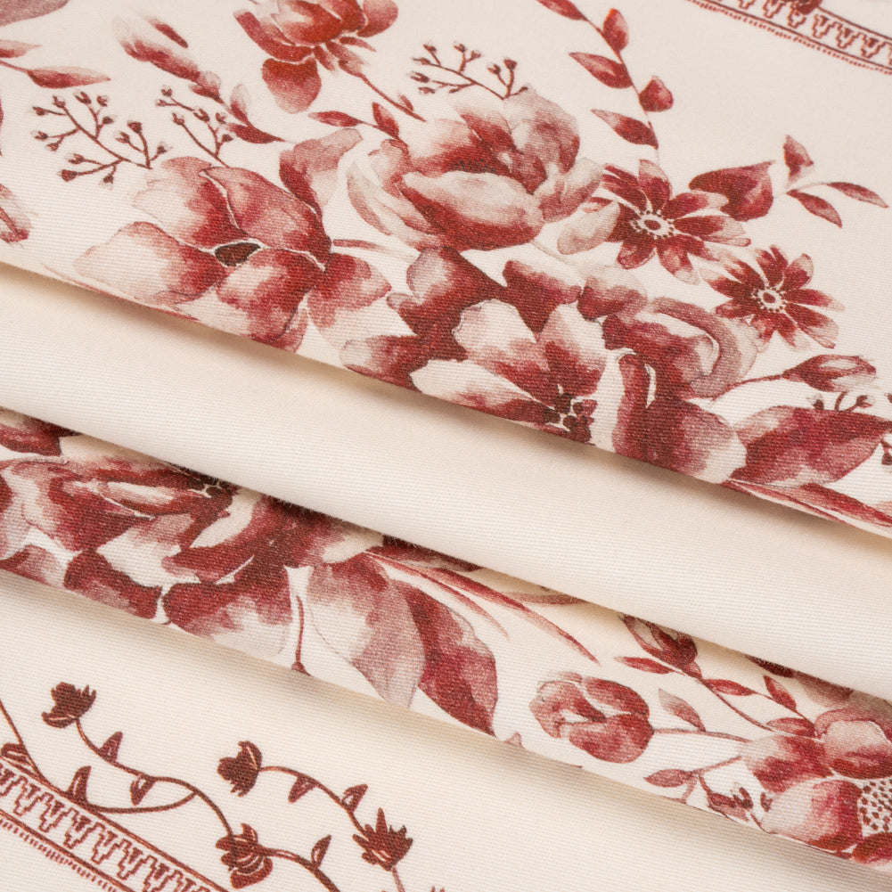 Brushed Stretch Cotton Twill Print - Burgundy and White Floral Stripes - Mood Exclusive Pathway to Paradise Folded Brushed Stretch Cotton Twill Print - Burgundy and White Floral Stripes - Mood Exclusive Pathway to Paradise Folded
