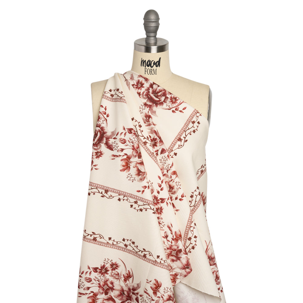 Brushed Stretch Cotton Twill Print - Burgundy and White Floral Stripes - Mood Exclusive Pathway to Paradise Drape Brushed Stretch Cotton Twill Print - Burgundy and White Floral Stripes - Mood Exclusive Pathway to Paradise Drape