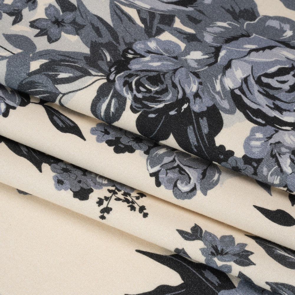 Brushed Stretch Cotton Twill Panel - Blue and Cream Roses - Mood Exclusive Space for Grace Folded Brushed Stretch Cotton Twill Panel - Blue and Cream Roses - Mood Exclusive Space for Grace Folded