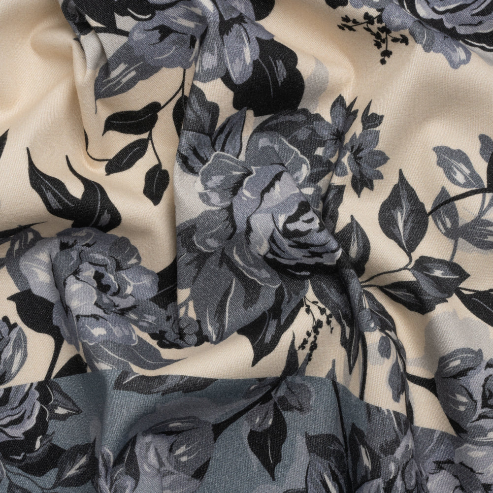 Brushed Stretch Cotton Twill Panel - Blue and Cream Roses - Mood Exclusive Space for Grace Brushed Stretch Cotton Twill Panel - Blue and Cream Roses - Mood Exclusive Space for Grace