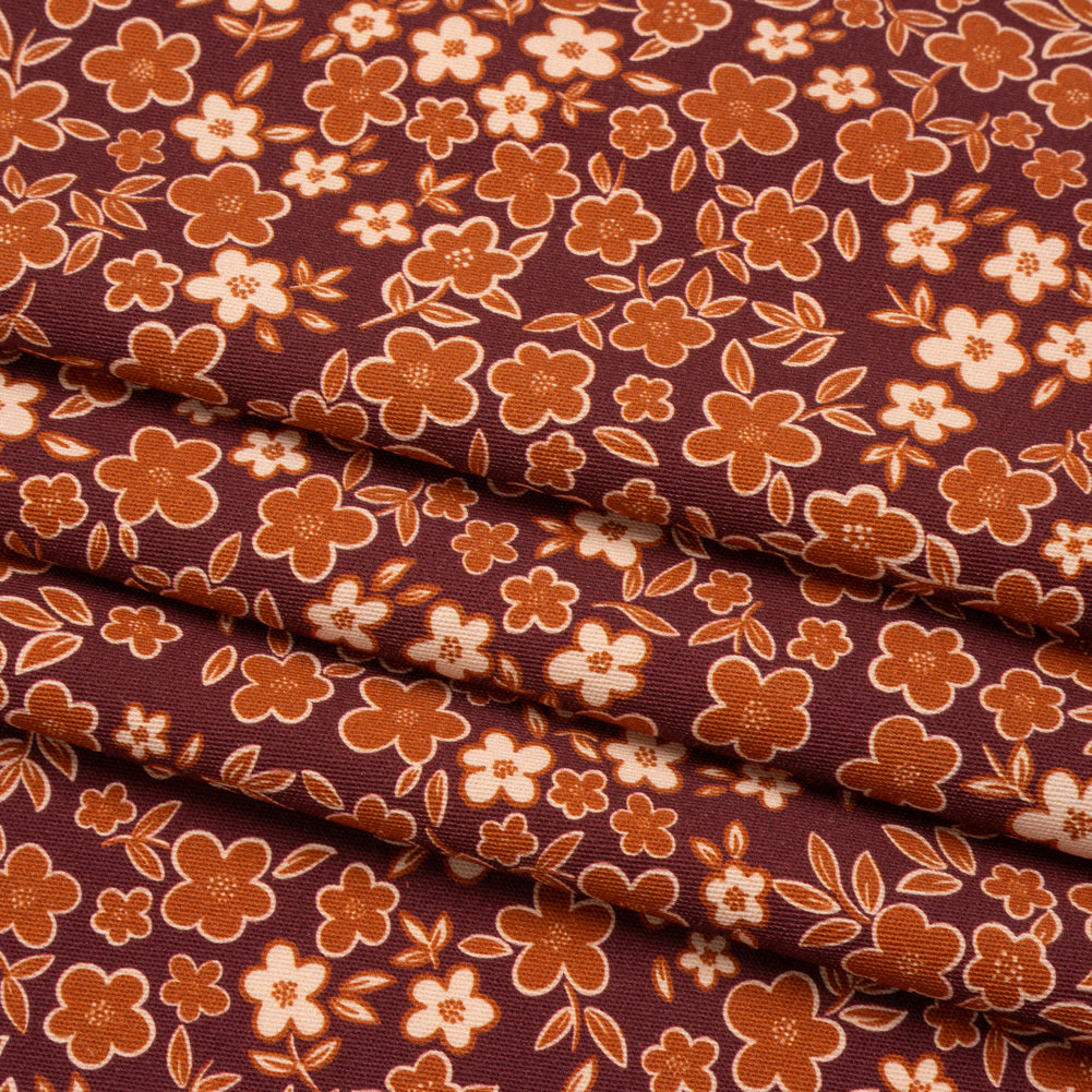 Stretch Cotton Twill Print - Burgundy, Rust and Peach Floral - Mood Exclusive September Sprouts Folded Stretch Cotton Twill Print - Burgundy, Rust and Peach Floral - Mood Exclusive September Sprouts Folded