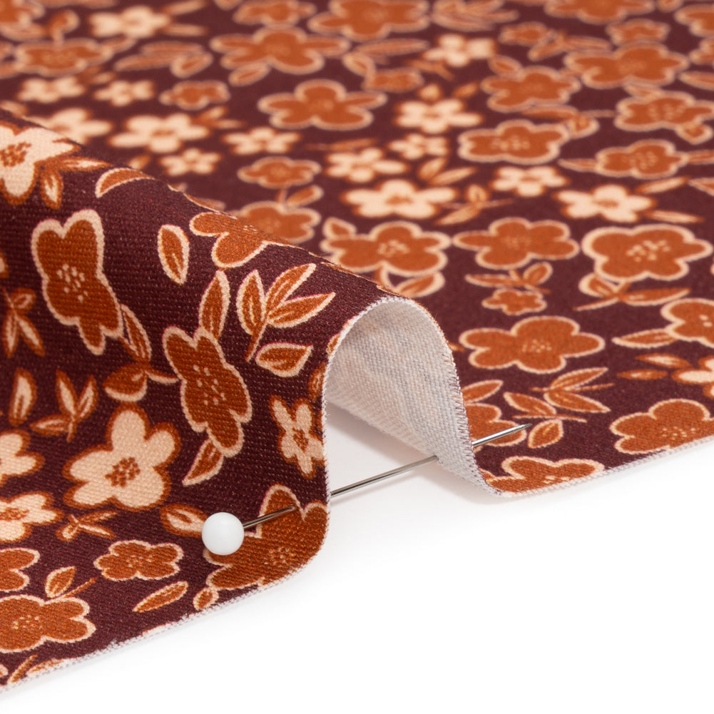 Stretch Cotton Twill Print - Burgundy, Rust and Peach Floral - Mood Exclusive September Sprouts Detail Stretch Cotton Twill Print - Burgundy, Rust and Peach Floral - Mood Exclusive September Sprouts Detail